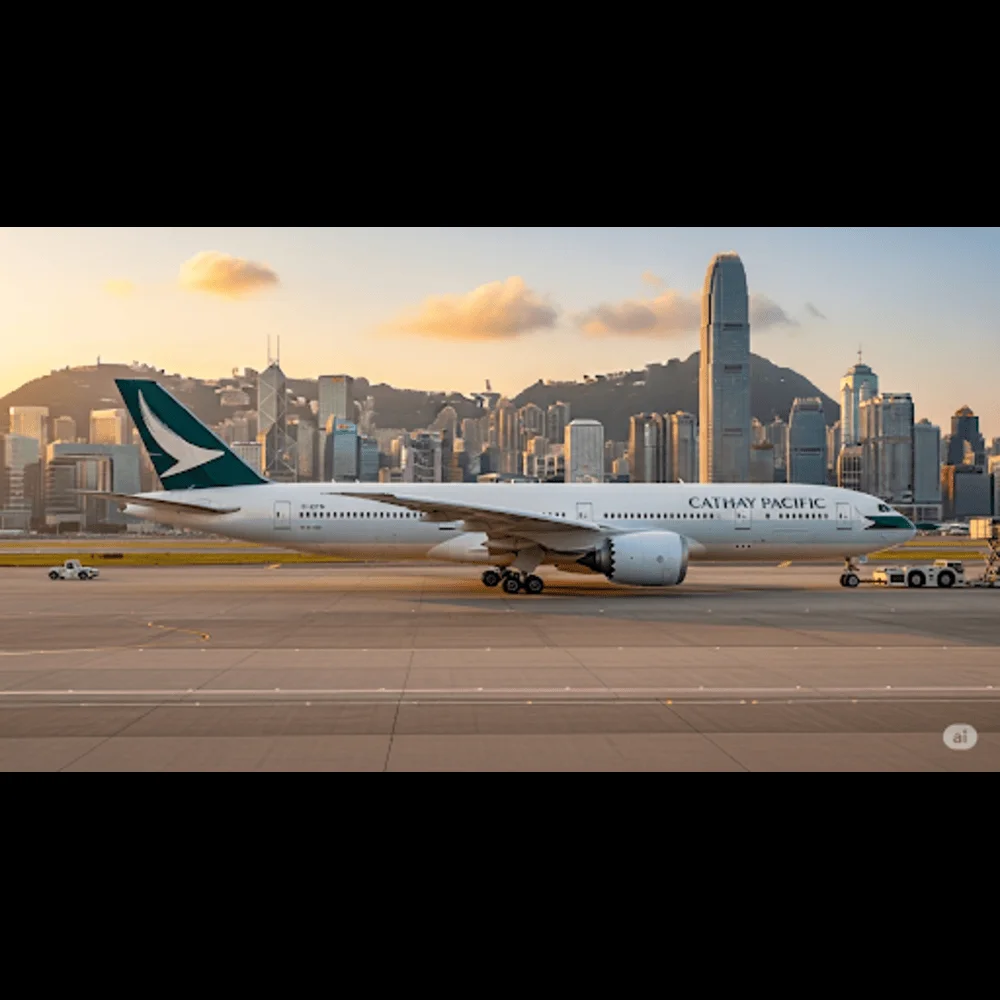 Cathay Pacific 777‑9 jet with Hong Kong skyline