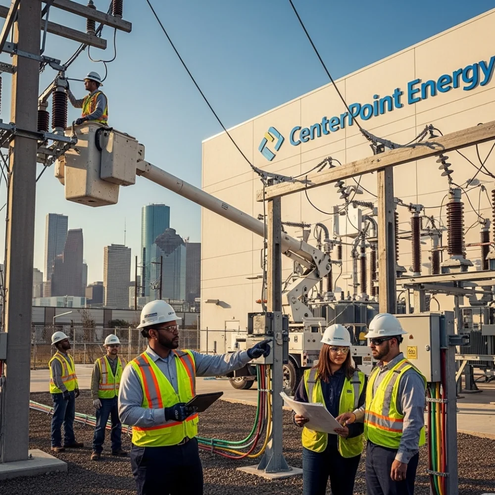 CenterPoint Energy workers inspecting power lines at a modern facility, highlighting grid improvements and infrastructure upgrades.