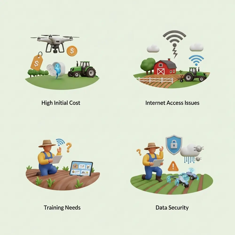 Illustration of smart farming challenges: high cost, poor internet, tech training needs, and farm data security.