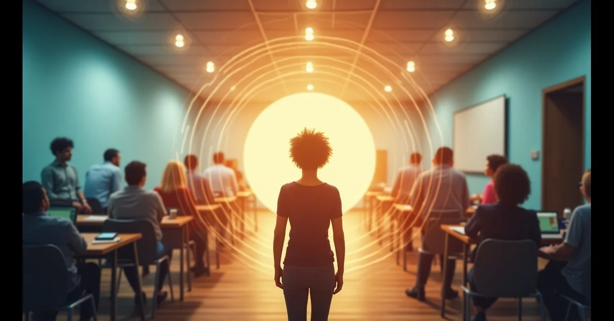 Change agent stands before a glowing light, radiating influence and symbolizing leadership and transformation.