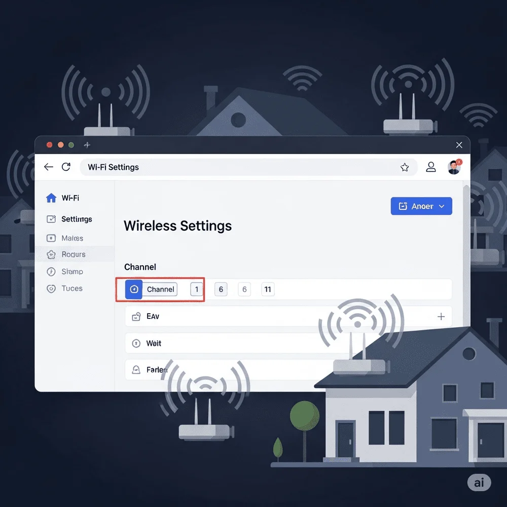 Router settings showing wireless channel options like 1 6 and 11 selected to avoid Wi-Fi interference and boost internet speed in crowded areas 