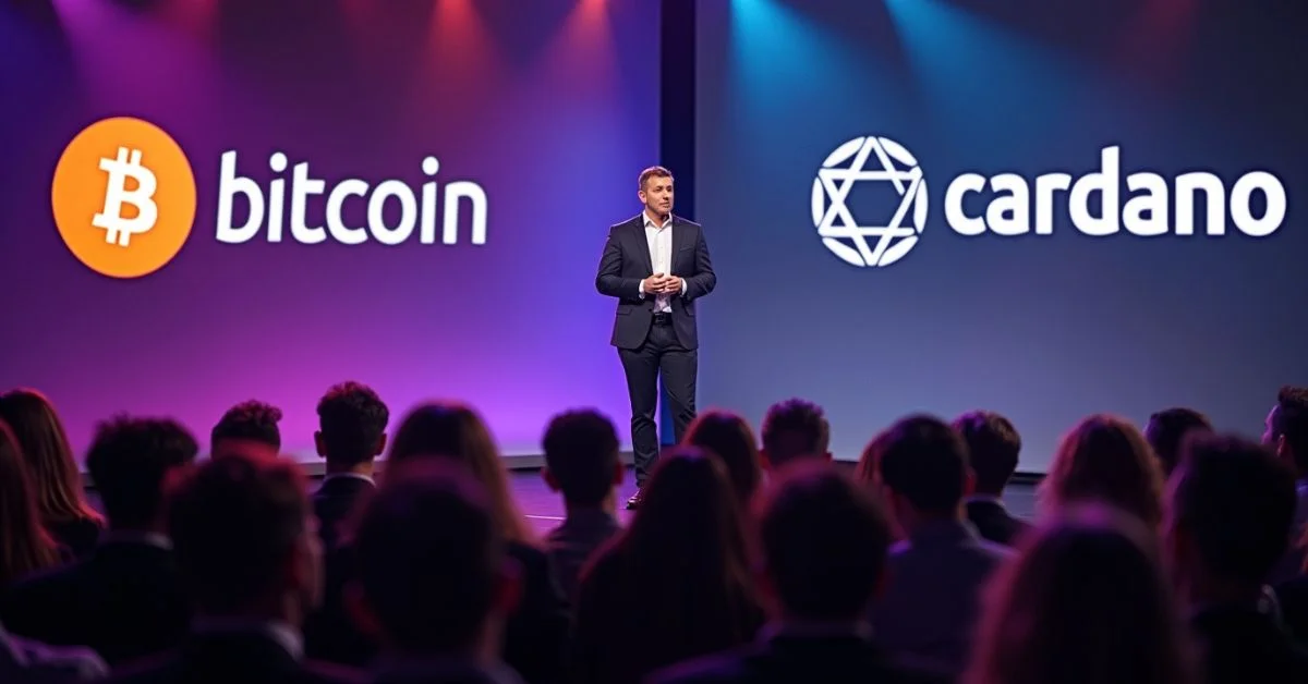 ardano founder Charles Hoskinson addresses an audience at a cryptocurrency event, highlighting Bitcoin's potential growth amid regulatory changes
