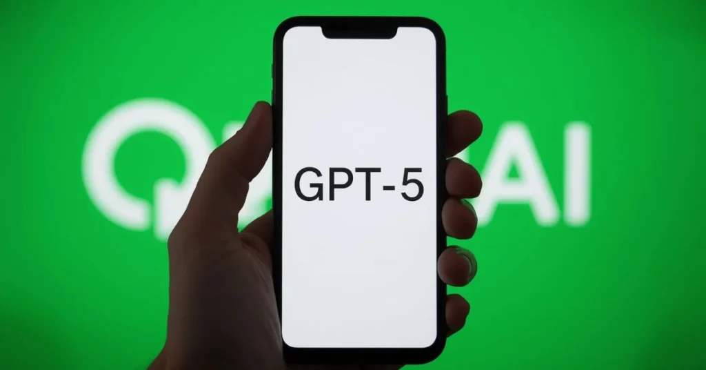 Hand holding smartphone displaying GPT-5 text on screen with green OpenAI background.