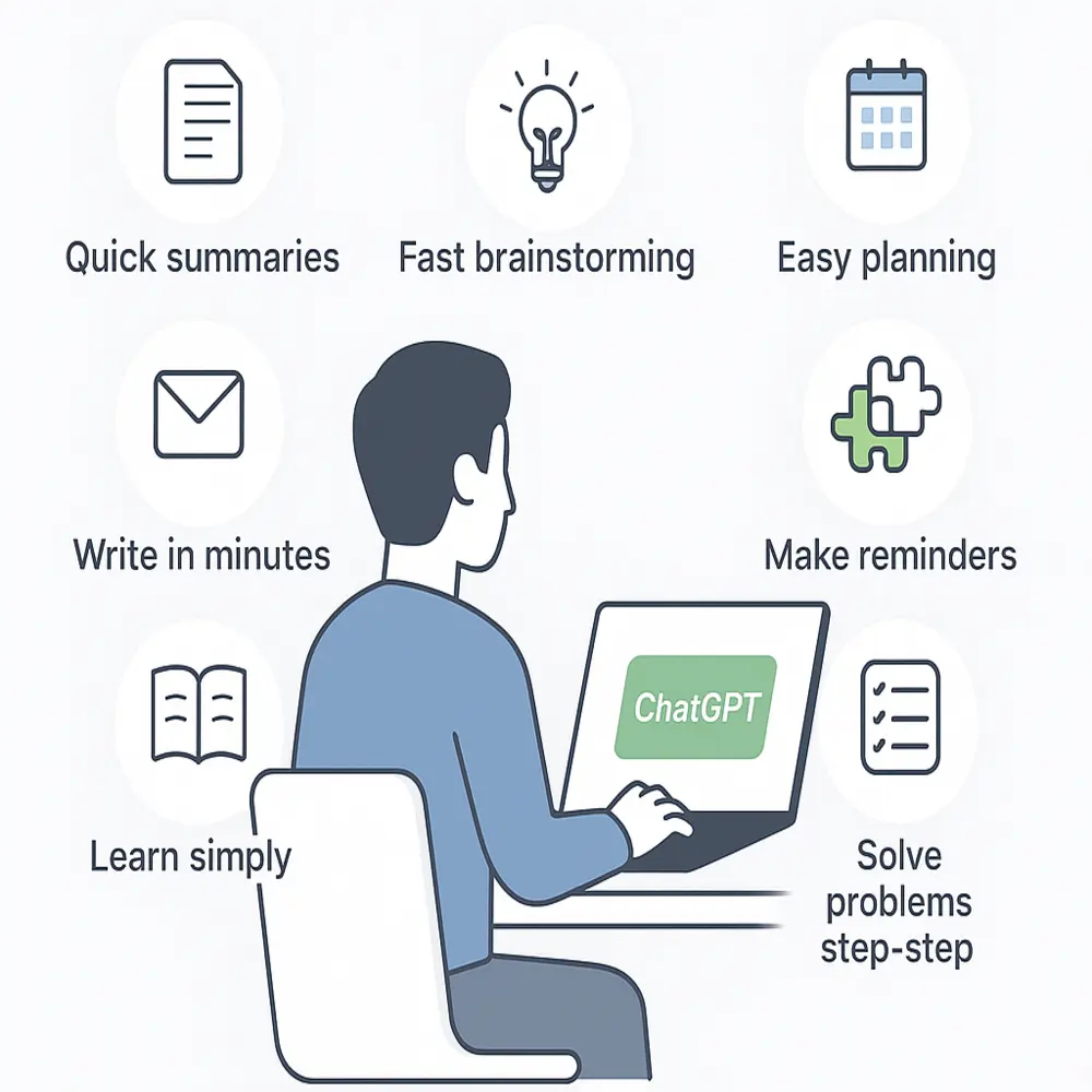 Infographic showing a person using ChatGPT with icons for summaries, planning, writing, learning, and reminders.