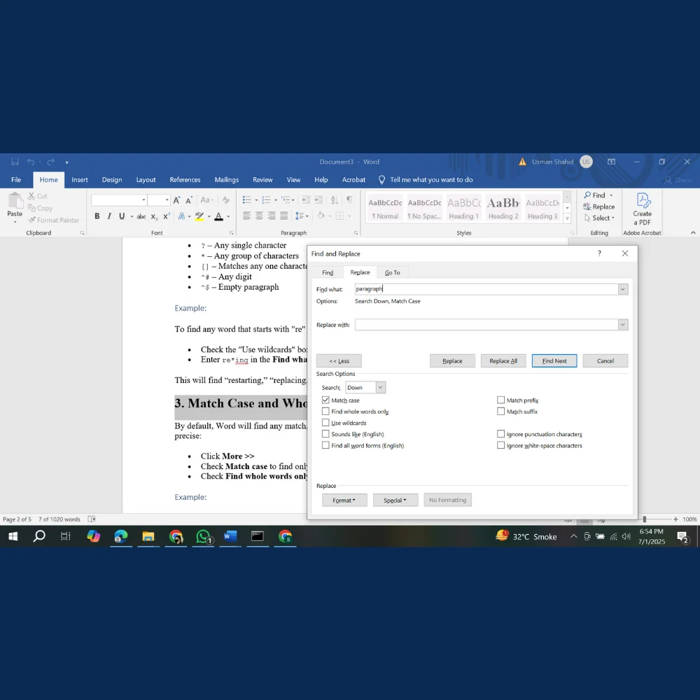 Selecting the “Find whole words only” option to prevent partial word matches during a search.