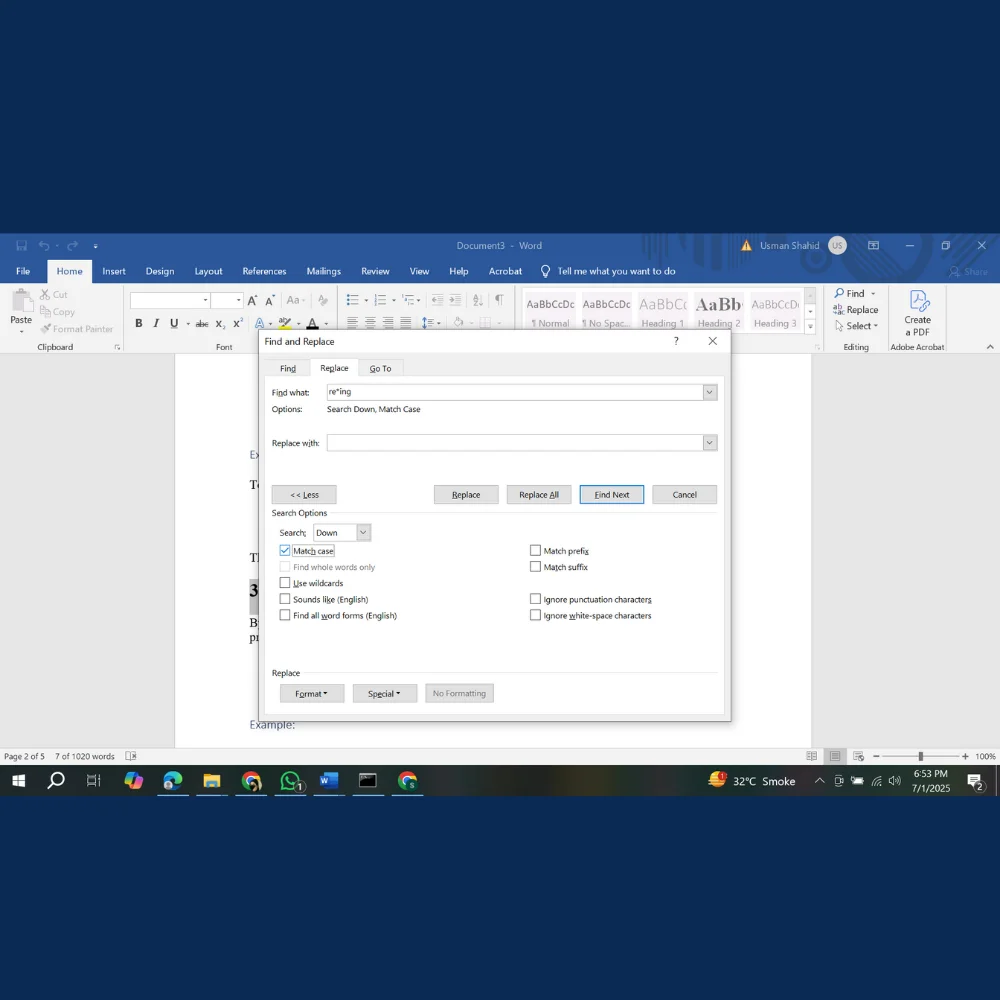 Enabling the “Match case” option to search for words with exact capitalization in Word. 