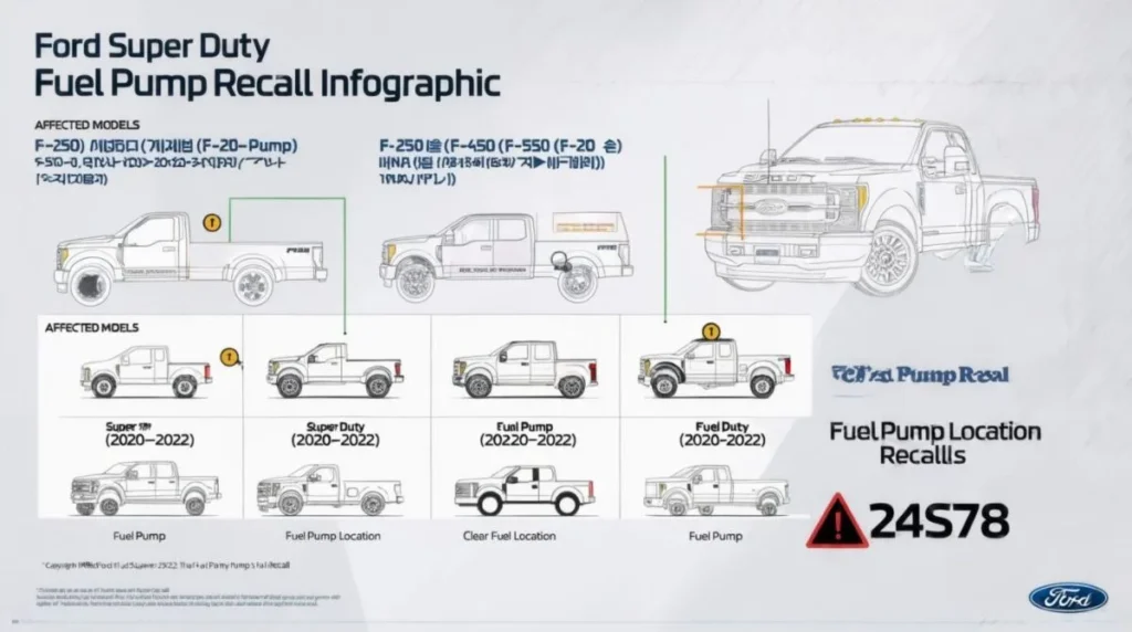 Infographic showing affected Ford Super Duty models and recall fuel pump location with 24S78 code.