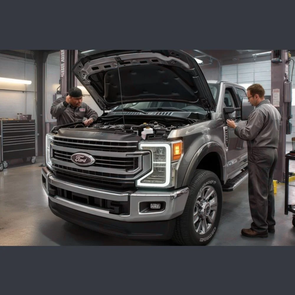 Mechanic inspecting Ford Super Duty diesel truck engine for fuel pump recall issue.