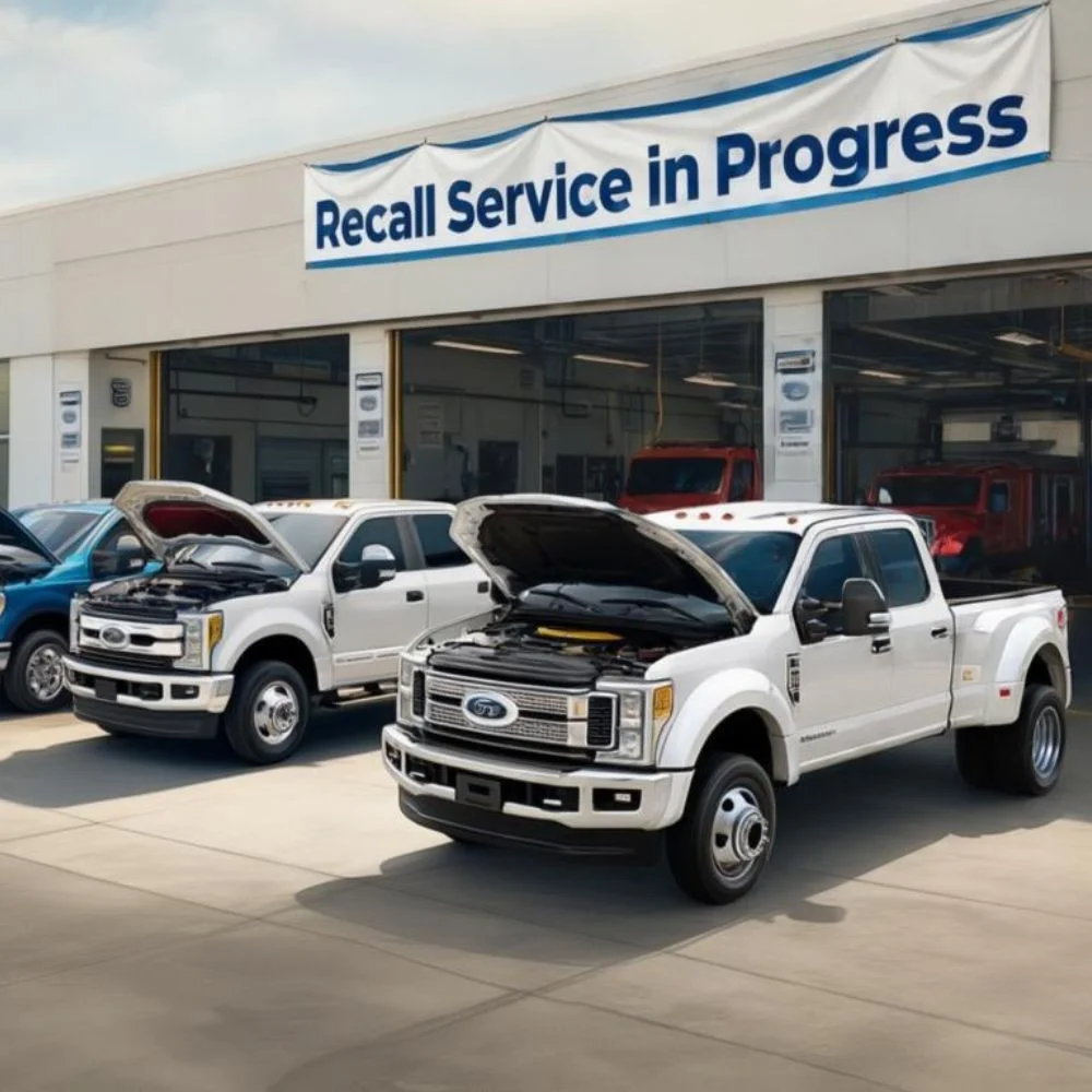 Ford Super Duty trucks parked at dealership for fuel pump recall service.