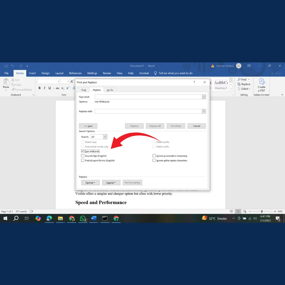 Checkbox for "Use wildcards" selected in Microsoft Word's Find and Replace tool