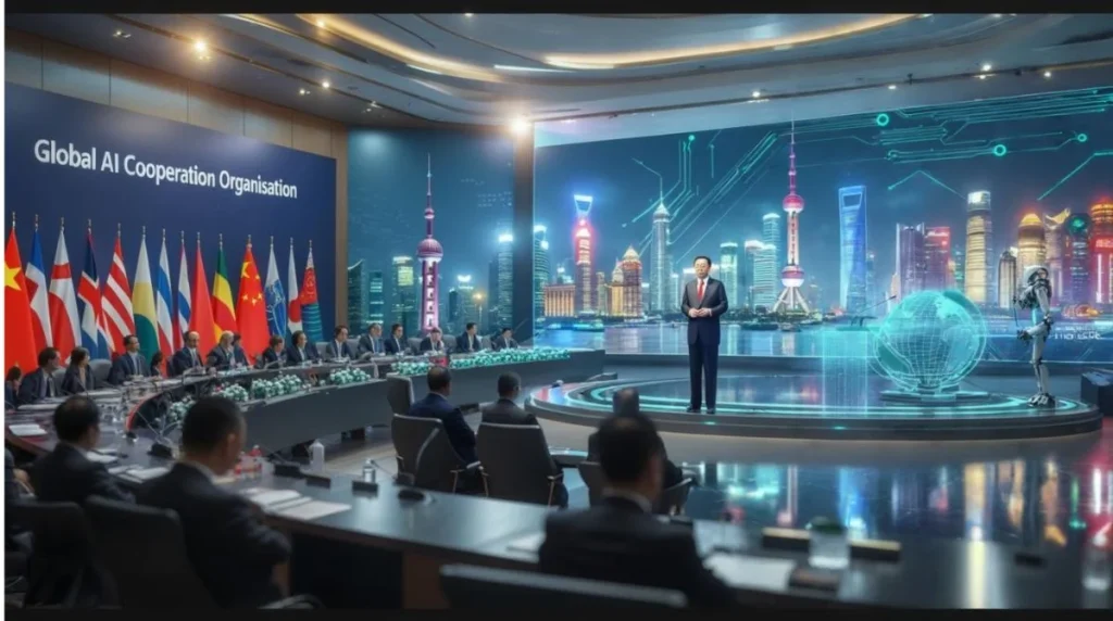 Chinese official at the "Global AI Cooperation Organisation" conference in Shanghai, with global delegates, flags, and a futuristic AI-themed backdrop.