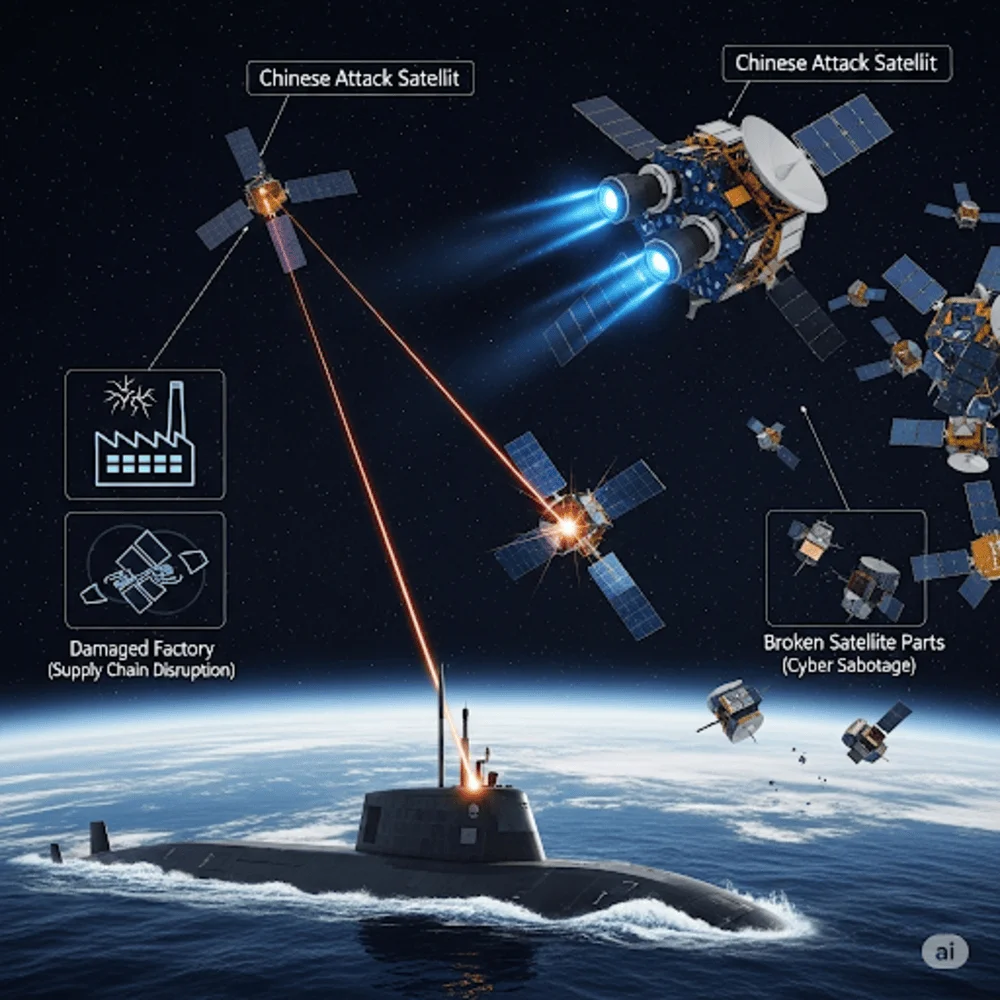 Illustration showing China’s strategy to counter Starlink with a submarine firing laser at satellites, attack satellites in orbit, and visual cues of supply chain disruption and cyber sabotage. 