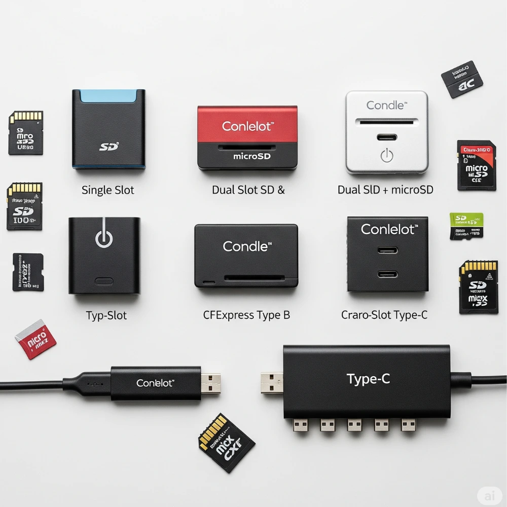 Different types of USB Type-C card readers including SD, microSD, CFexpress, and multi-slot designs on a clean desk layout.