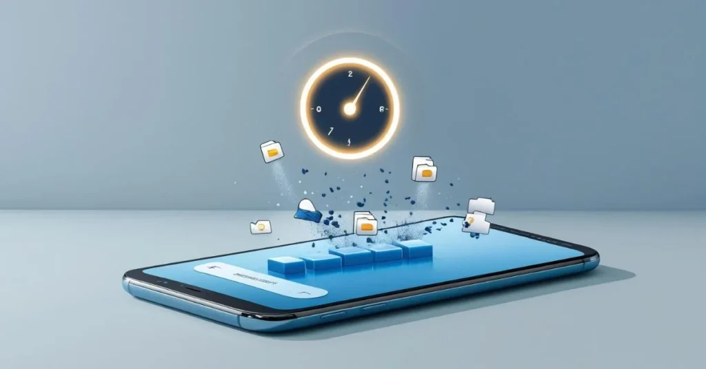 Smartphone screen showing cache files being cleaned with a speedometer icon above, symbolizing faster phone performance.
