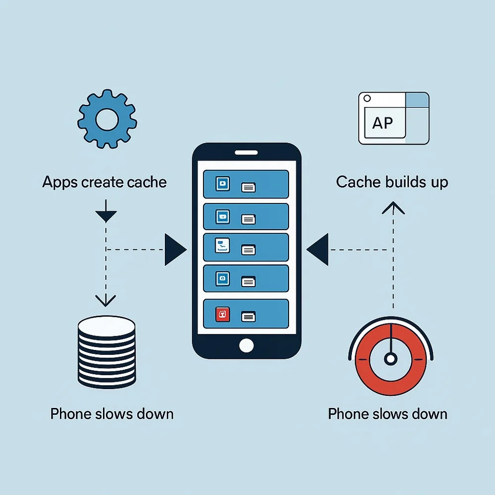 Infographic showing how app cache builds up and slows down phone performance using icons of a phone, files and a speedometer.