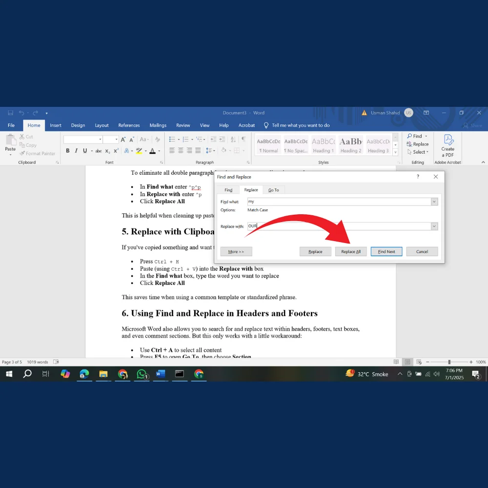 Clicking the "Replace All" button to substitute all instances of a word in the document. 