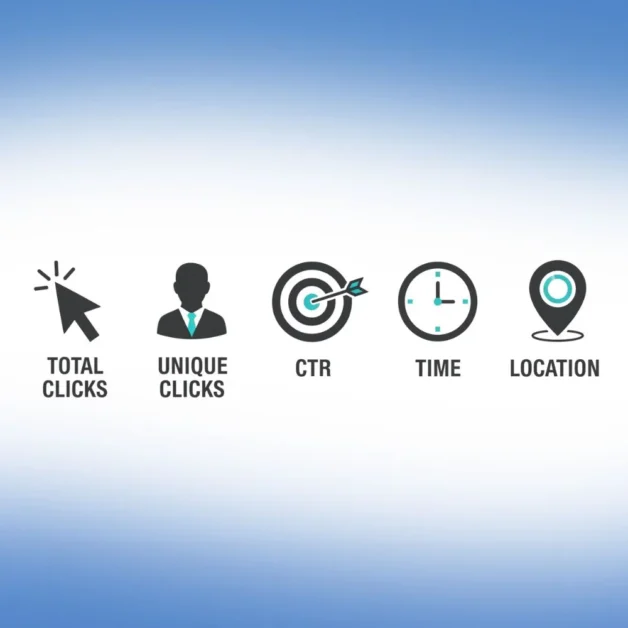 Five icons showing total clicks, unique clicks, CTR, time, and location.