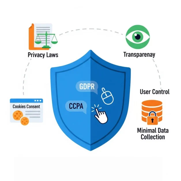 Shield with click symbols, GDPR and CCPA labels, and privacy-related icons.