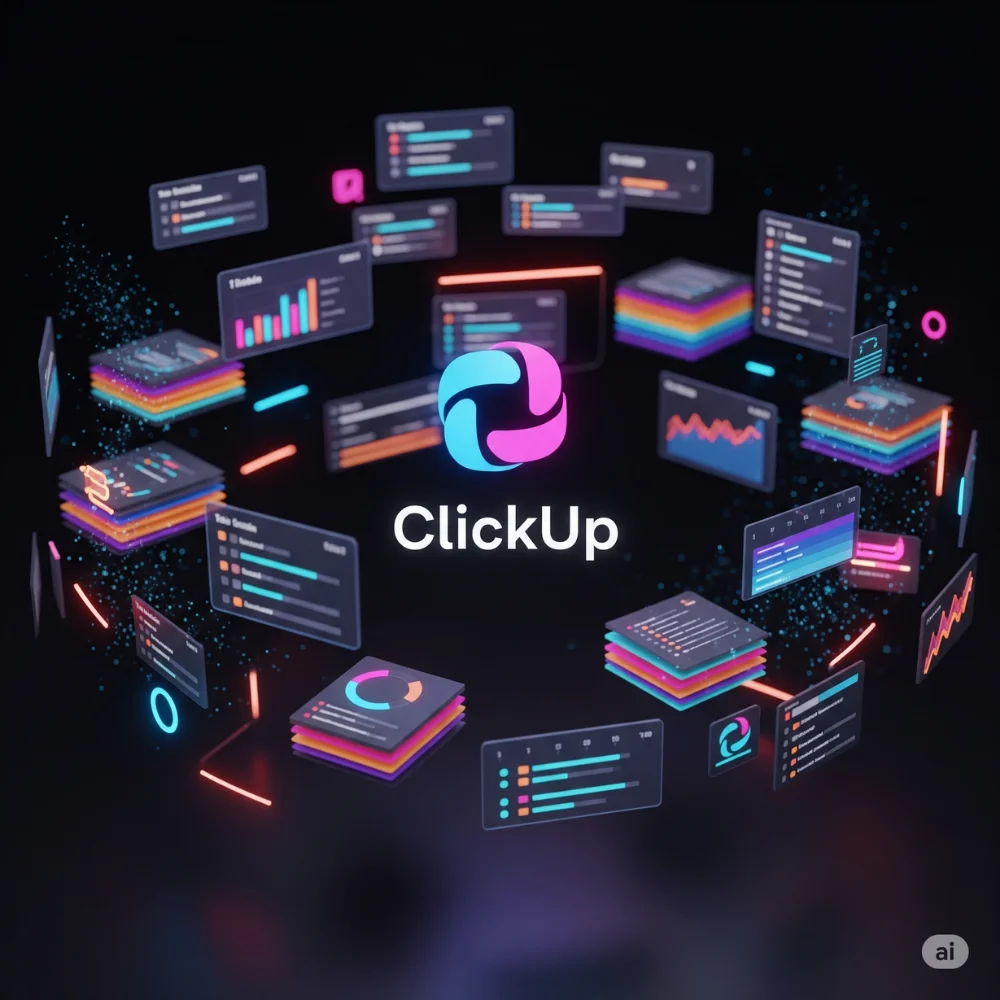 ClickUp logo with tasks and charts on dark scene
