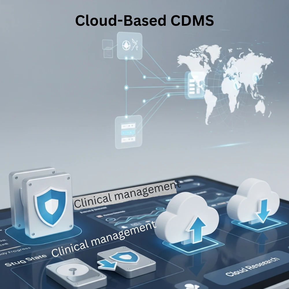 Cloud-based Clinical Data Management System (CDMS) interface showing secure data access, cloud storage icons, and global connectivity for clinical trials.
