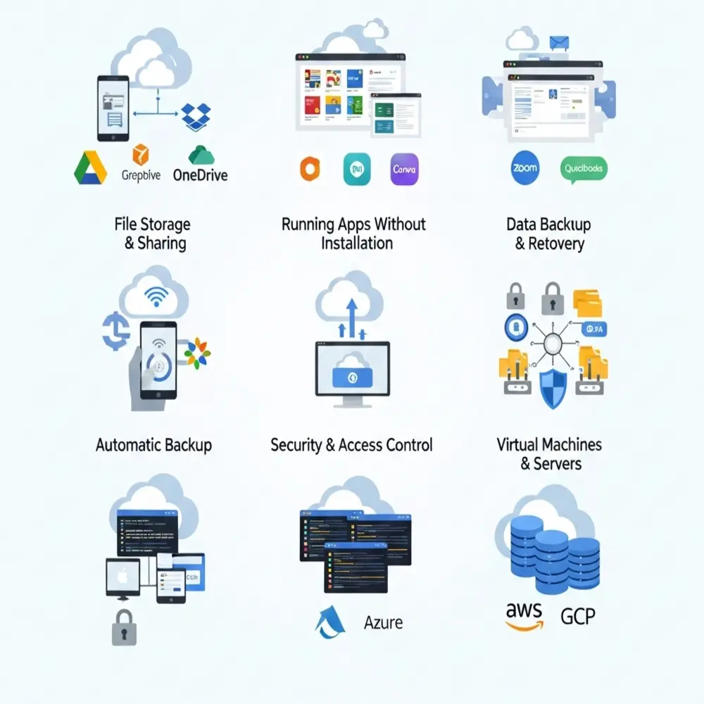 Infographic showing how cloud computing supports daily IT tasks with icons and visuals for file storage, SaaS apps, backup, security, and virtual servers.