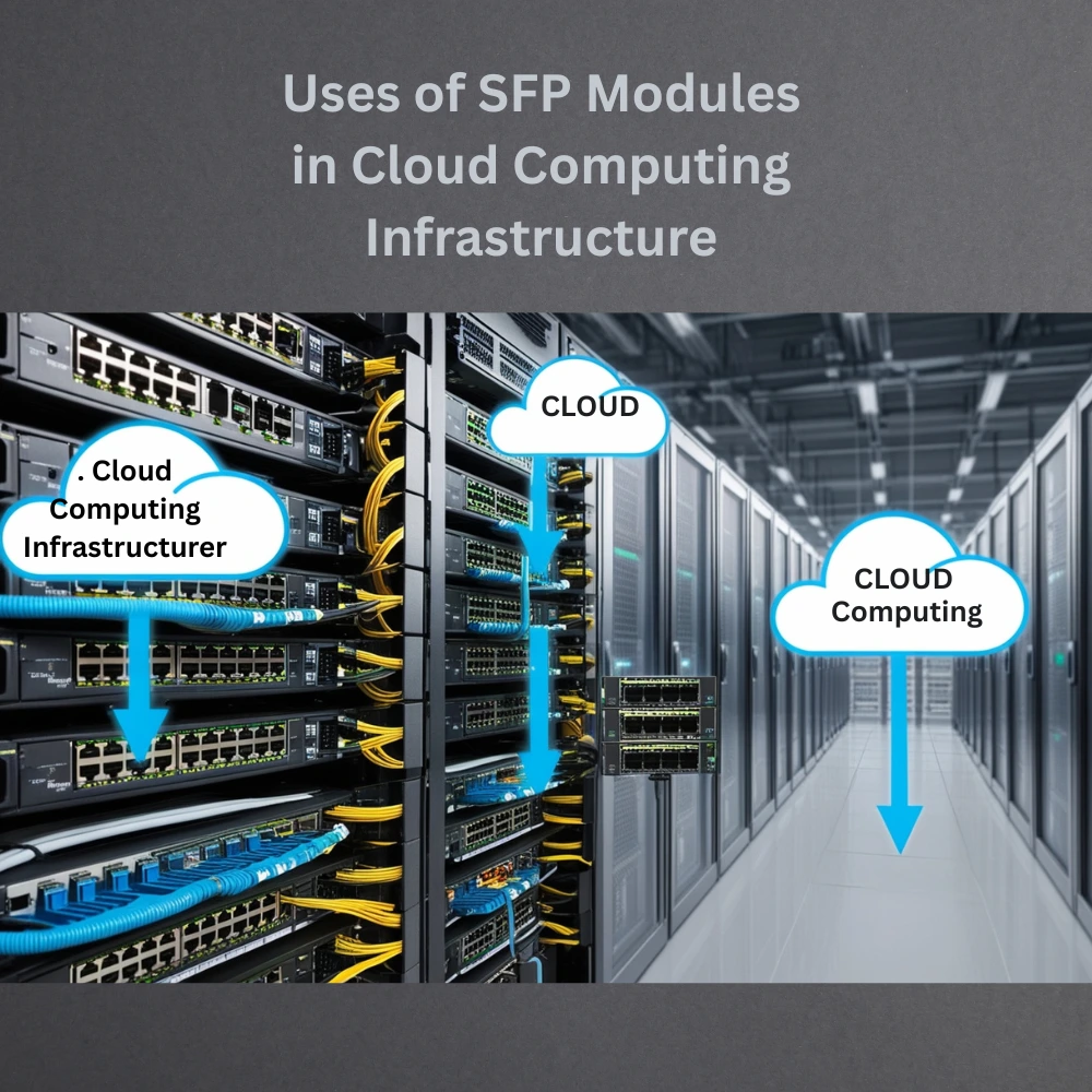 Cloud data center with servers and SFP modules connected by fiber optic cables, symbolizing cloud computing and virtualized infrastructure