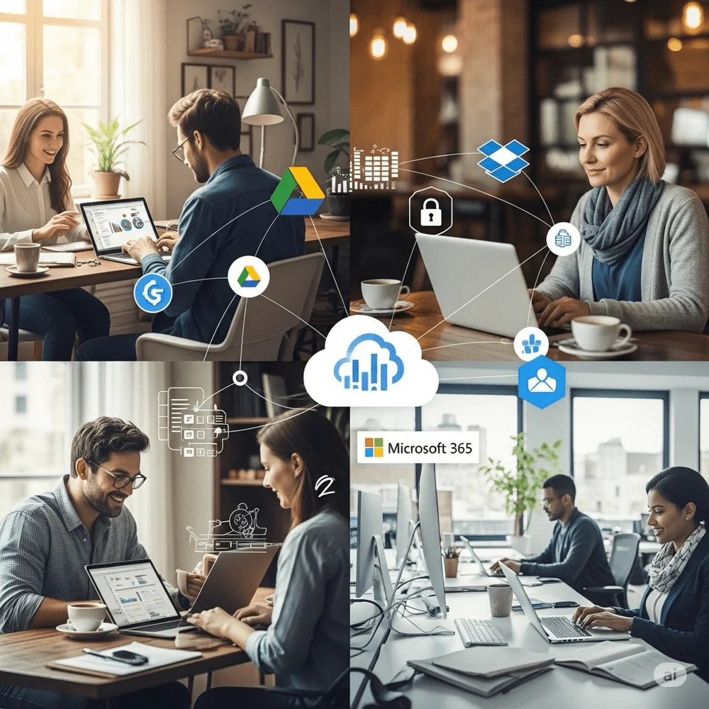 Illustration of people using cloud services like Google Drive and Dropbox from various locations, with cloud icons representing real-time access and secure data backup. 