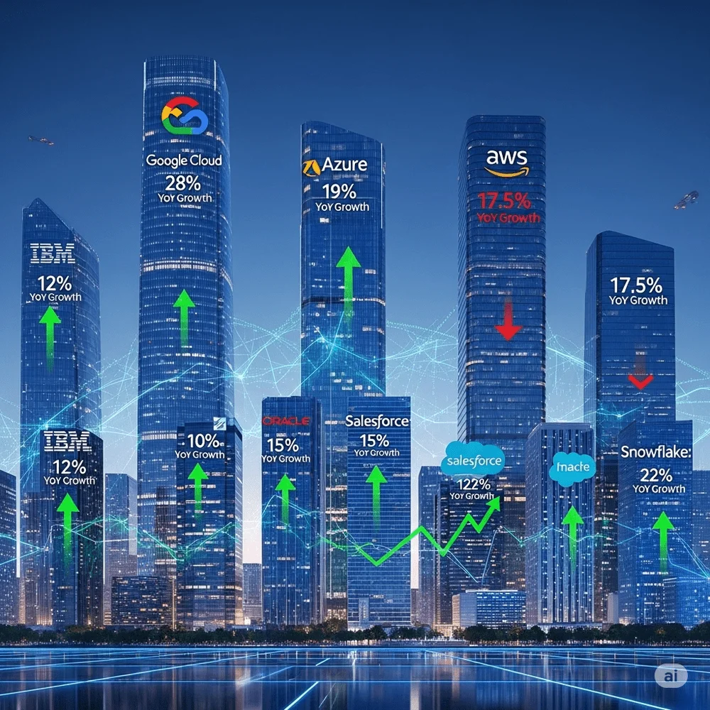 Futuristic skyline showing AWS, Azure, and Google Cloud with Q2 2025 growth rates: 17.5%, 19%, and 28%. 