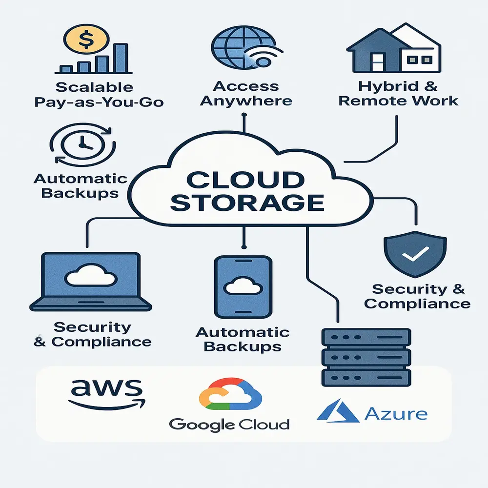 Cloud storage graphic showing key benefits with icons and device connections; includes AWS, Azure, and Google Cloud logos. 