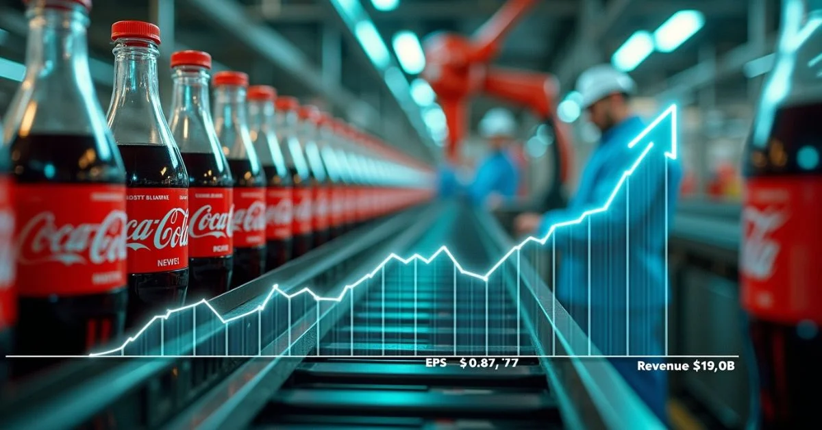 Modern Coca-Cola factory with beverage bottles in motion and a financial performance chart overlay.