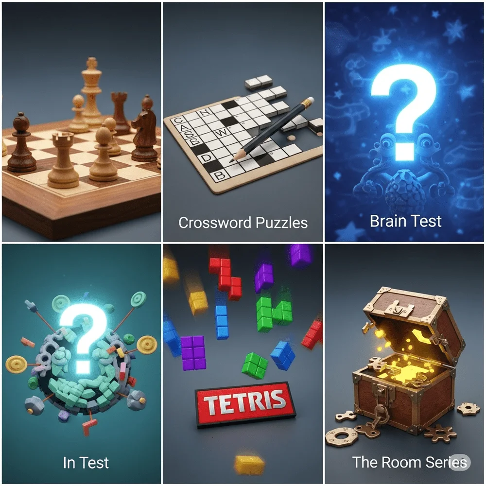 A 3D collage featuring popular brain games like chess, crosswords, Brain Test, Tetris, and puzzle boxes—highlighting logic, strategy, and mental skills. 