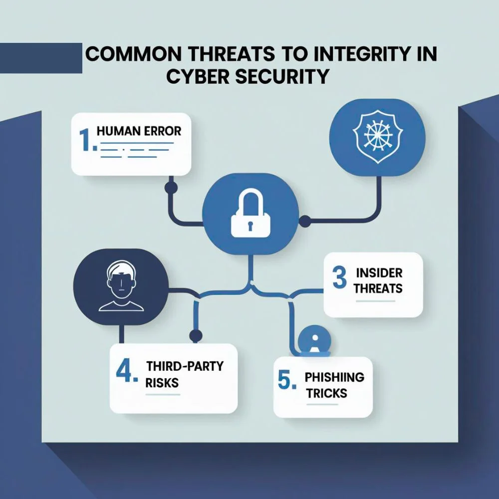 Infographic showing five major cyber security integrity threats with icons and simple layout.