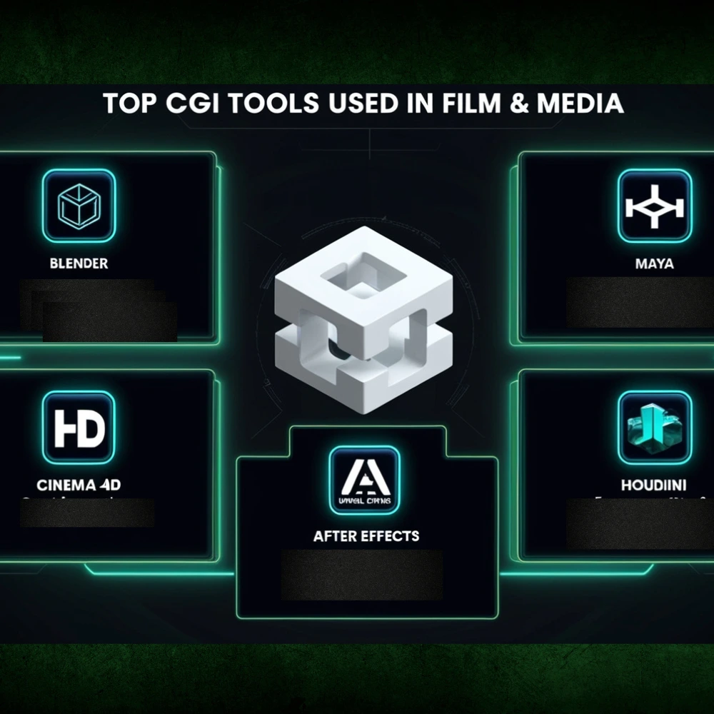 Infographic showing top CGI software tools including Blender, Maya, Cinema 4D, Houdini, After Effects, and Unreal Engine, with icons and usage labels.