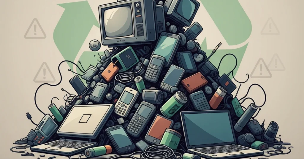 Illustration showing common types of e-waste such as old electronics, batteries, and cables, symbolizing electronic waste awareness and recycling.