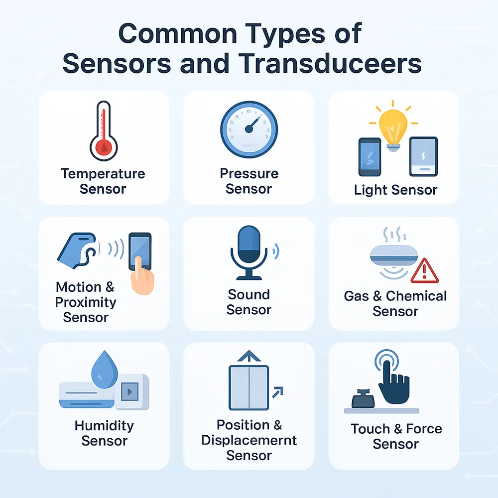 Grid of icons showing types of sensors and transducers on a light blue background.