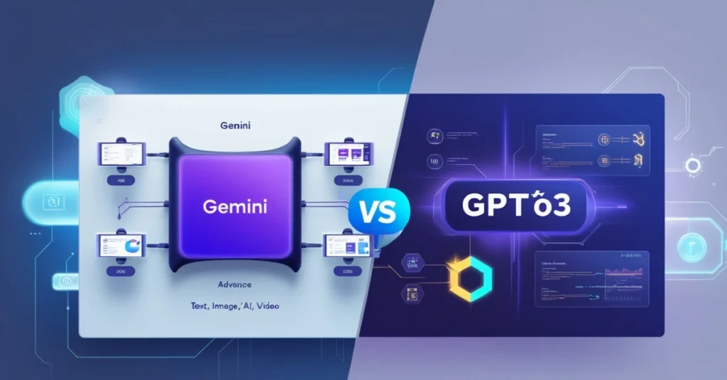 Gemini vs GPT o3 AI tools comparison showing multimedia features of Gemini and coding strengths of GPT o3 on a futuristic tech background.