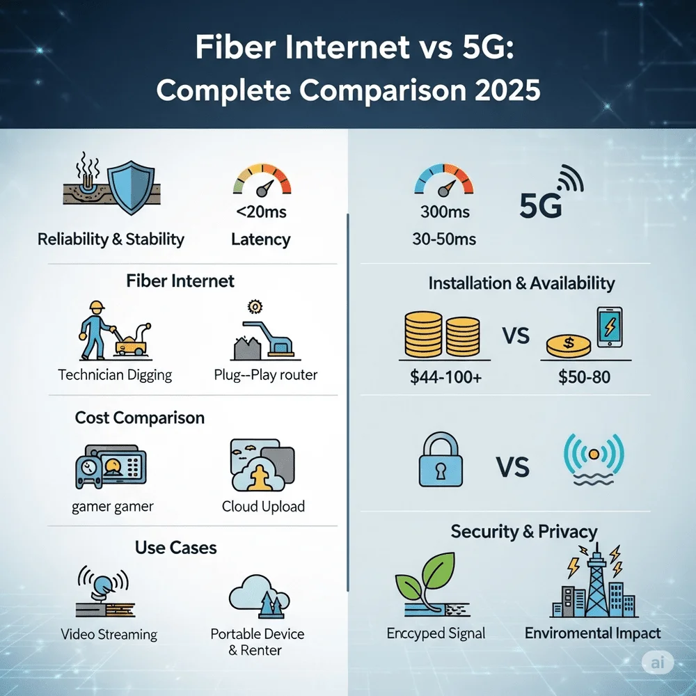 Infographic comparing Fiber Internet vs 5G across speed, reliability, latency, cost, installation, use cases, security, and eco-friendliness for 2025. 
