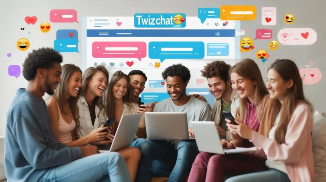 Diverse group of people chatting online using Twizchat.com on laptops and phones