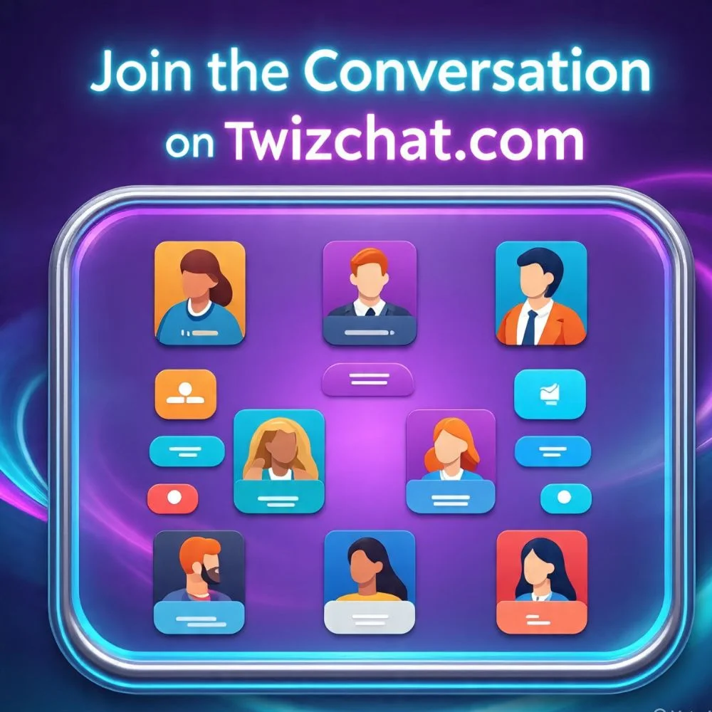 Colorful futuristic chat platform showing people worldwide chatting on Twizchat.com