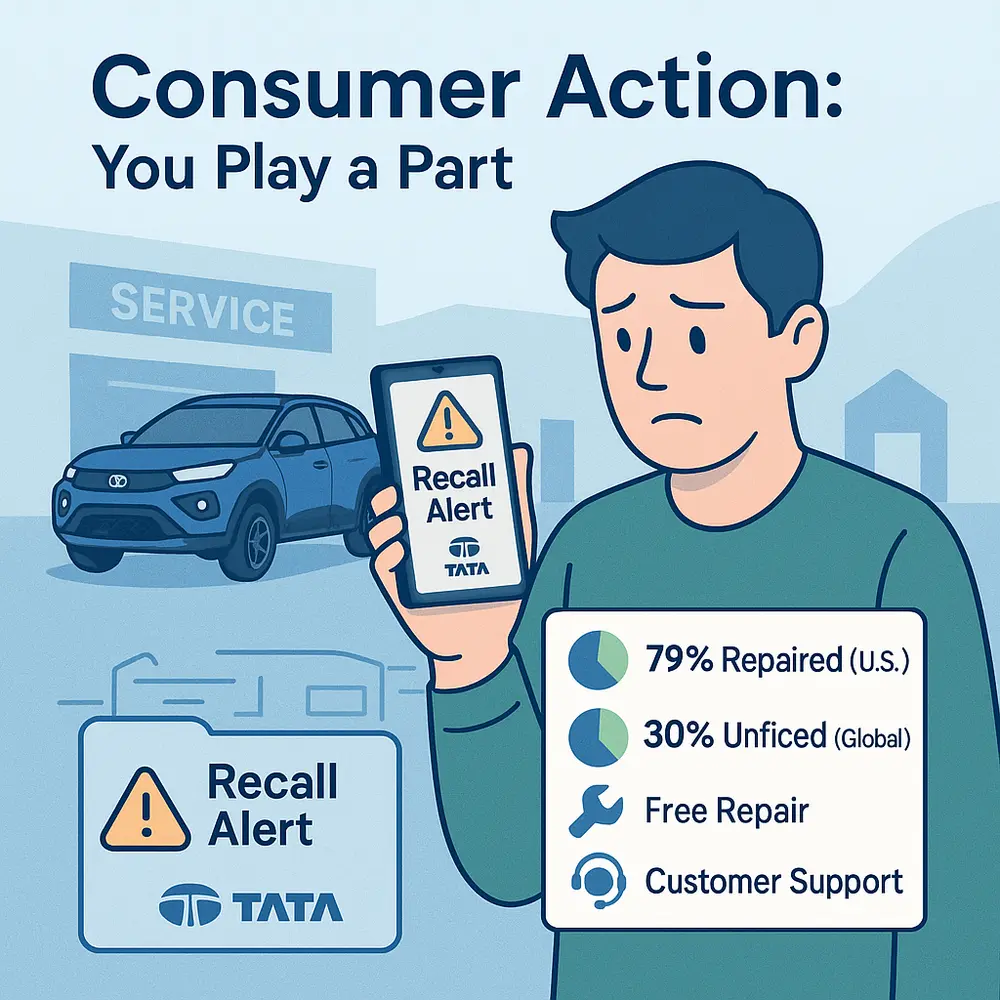 A man holding a phone showing a Tata recall alert stands near a service center with a Tata SUV and safety checklist in the background.