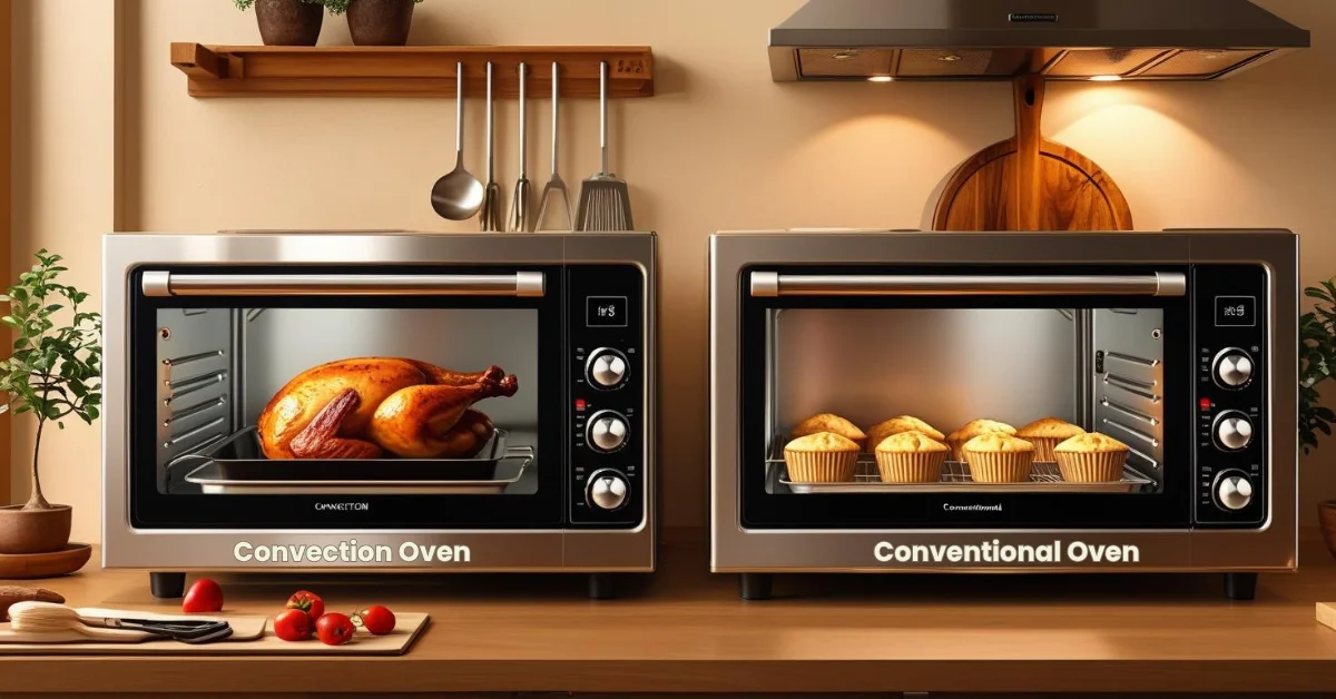 kitchen scene showing a convection and conventional oven side by side, highlighting their cooking differences