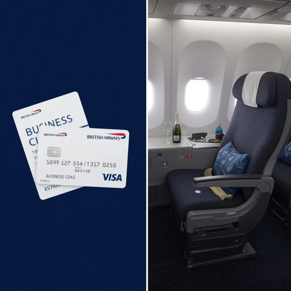 British Airways business class card and Visa card next to a premium airplane seat with champagne and amenities.