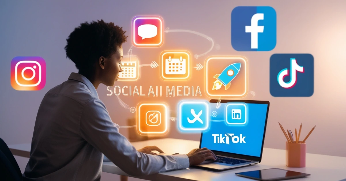 AI tools creating social media posts on a laptop screen