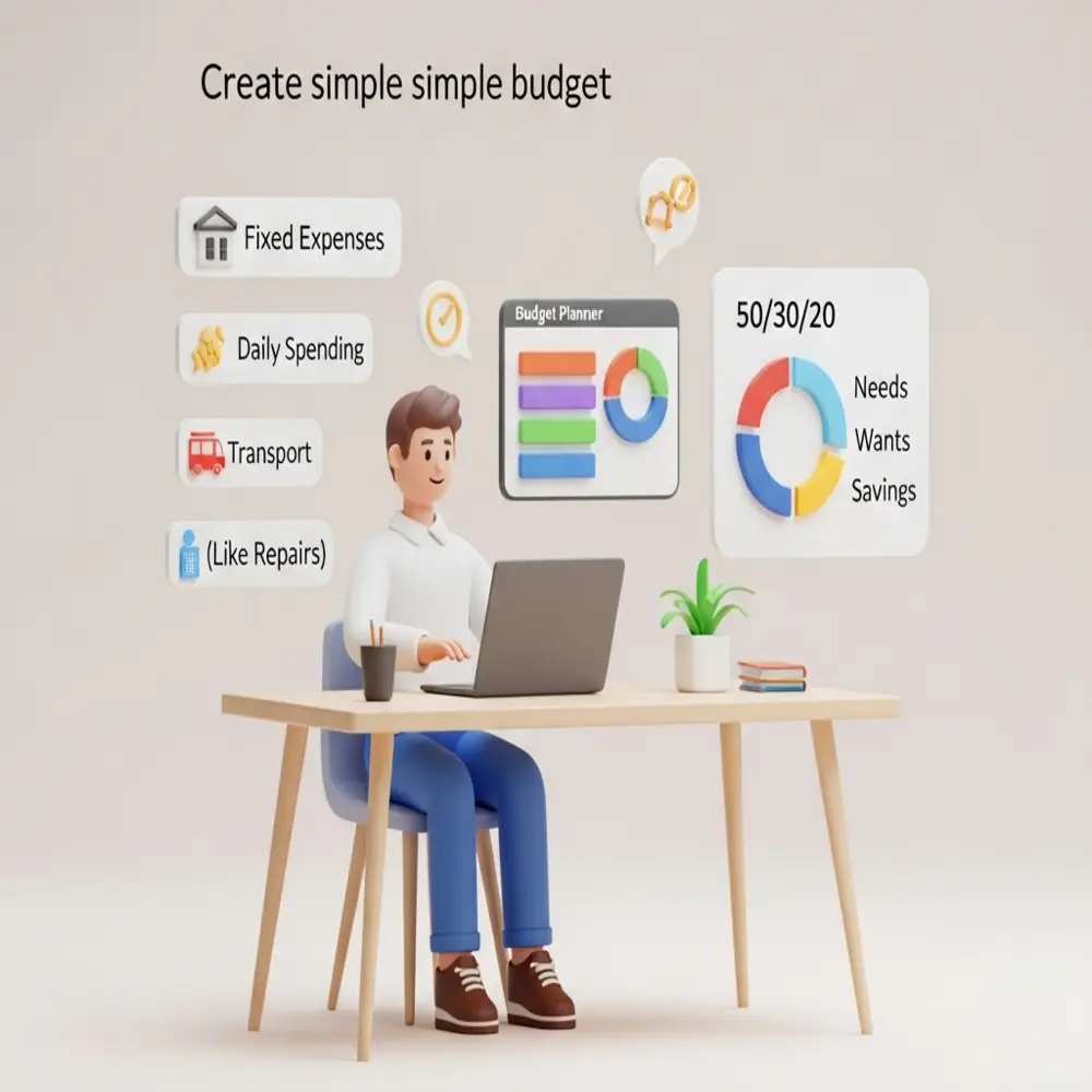 3D image of a gig worker at a desk viewing a budget chart on a laptop, with floating icons for expenses, savings, and a 50/30/20 budget pie chart.
