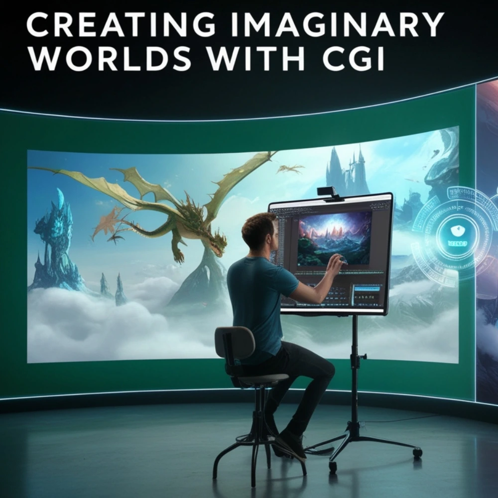 Digital artist creating a fantasy world with CGI, blending real-life studio setup with animated elements like dragons, alien cities, and floating landscapes.