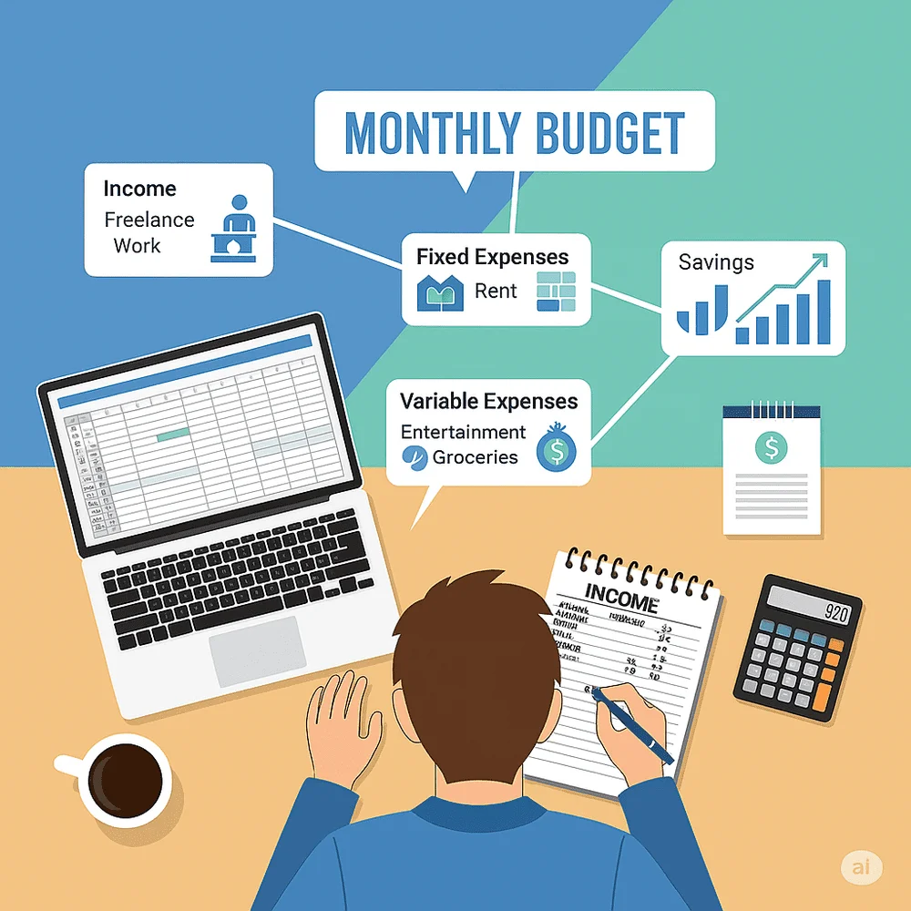 Person budgeting at a desk with financial icons and charts in a flat-style illustration on a calming blue-green background. 