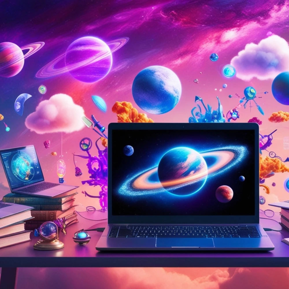 Colorful, imaginative illustration of software systems with digital layers, icons, and creative elements like clouds, planets, or data flows to represent abstract functions.
