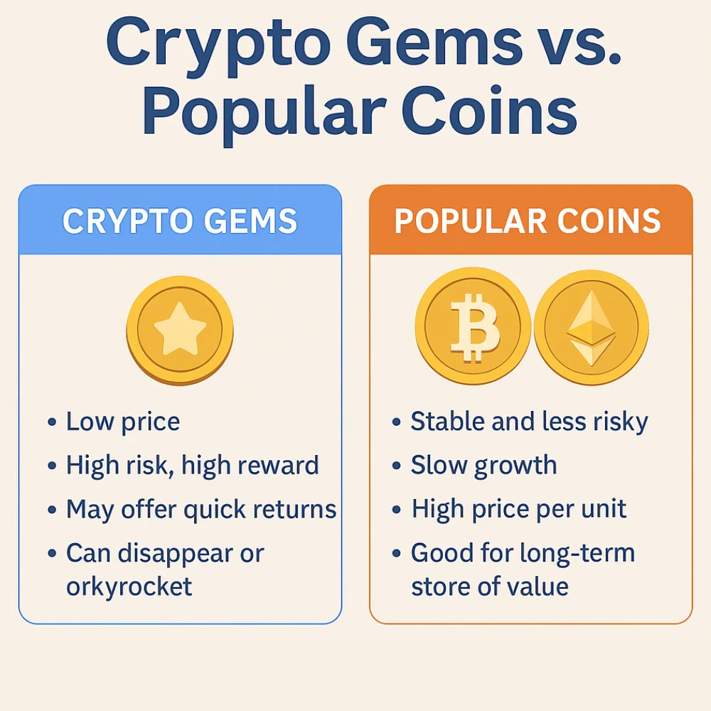 Crypto Gems vs. Popular Coins comparison showing risk, price, and growth differences.