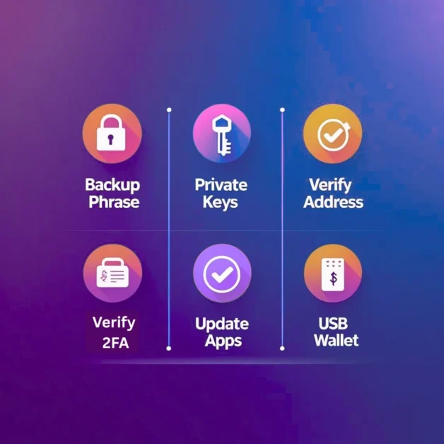 Crypto safety tips with icons.