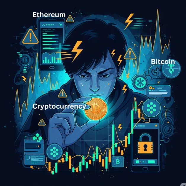 Crypto coin with warning signs and market volatility